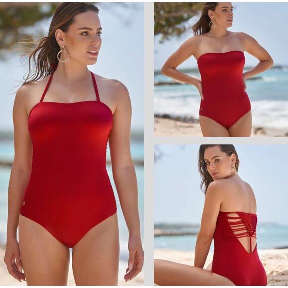 Leonisa Swim One Piece Sculpting Macramé Back Red Small Removeable Straps Beach - Picture 1 of 9